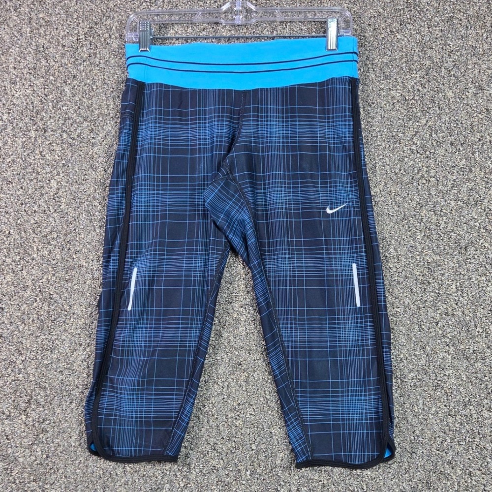 Nike Dri-FIT Leggings Womens Medium Blue Black Plaid Grid Cropped Running Capri